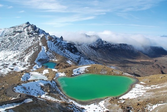 Green lake on top of a snowy mountain